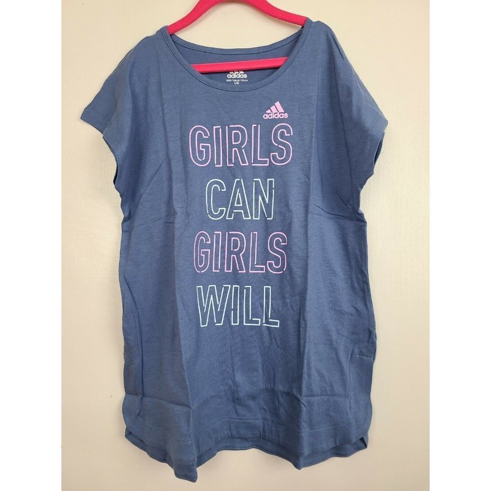 Adidas Girls Blue Girls Can Girls Will Short Sleeves‎ Athletic T Shirt Size L/14